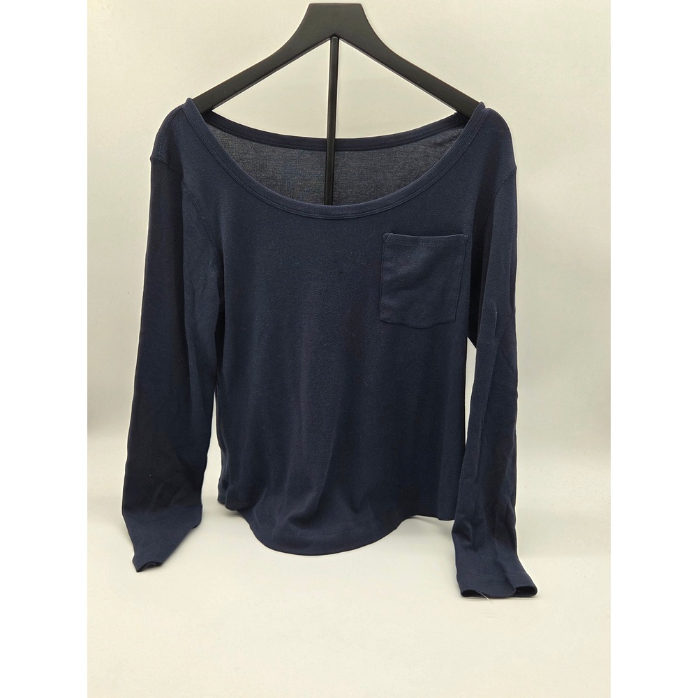 Three Dots Navy Blue Long Sleeve Scoop Neck Pocket Top NWT